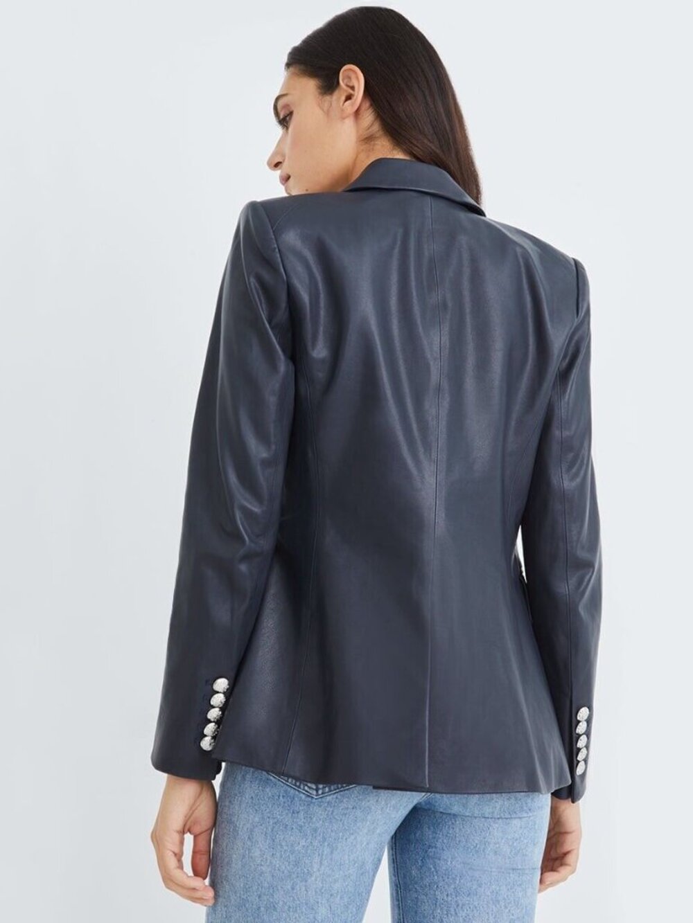 Veronica Beard Leather Miller Dickey Blazer Navy Silver Buttons Jacket Size 10 - Picture 2 of 10